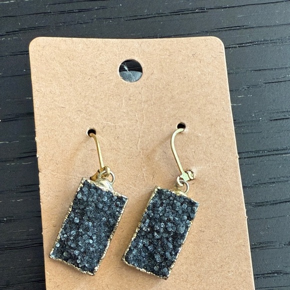 Women’s Elegant Gold-Trimmed Black Druzy Earrings - Picture 1 of 3